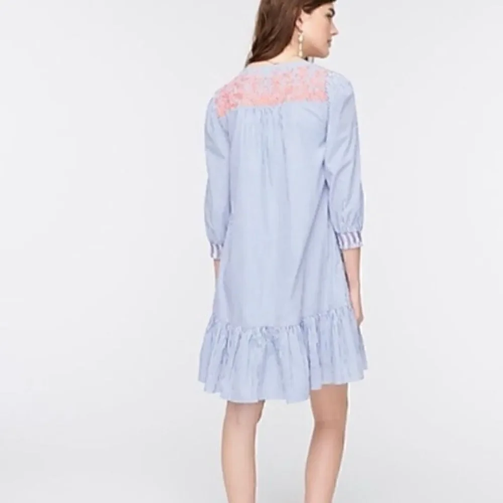 J. Crew Stripe Popover Dress Embroidered Size M Blue